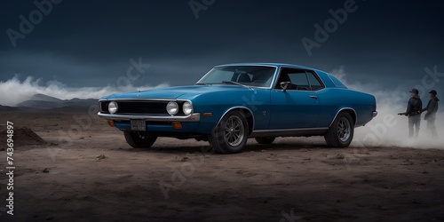 A classic blue car with a hardtop is maneuvering down a rugged dirt road  with two individuals standing behind it