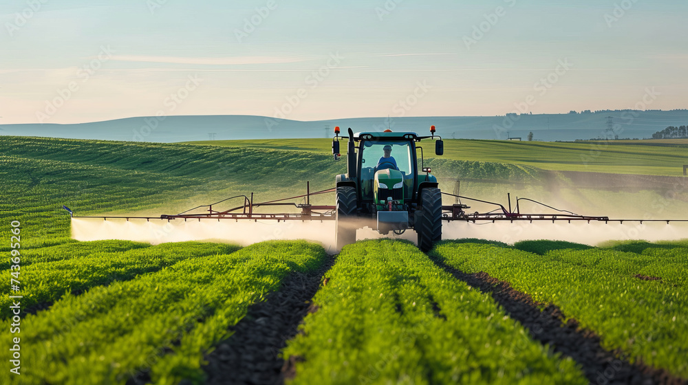 Modern tractor spraying in rural farmland Modern tractor spraying in rural farmland