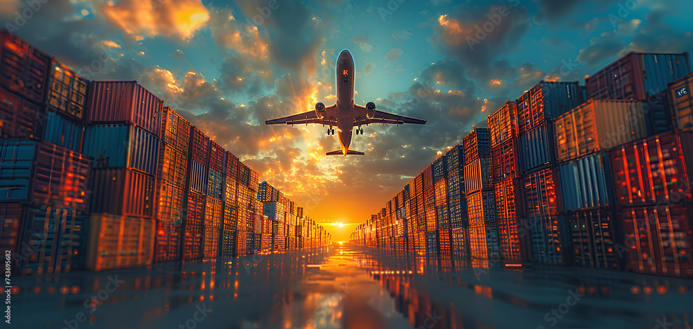 Cargo airplane flying above stack of logistic container - obrazy, fototapety, plakaty 