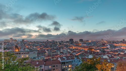Panorama showing aerial view of downtown of Lisbon day to night transition timelapse, Portugal.