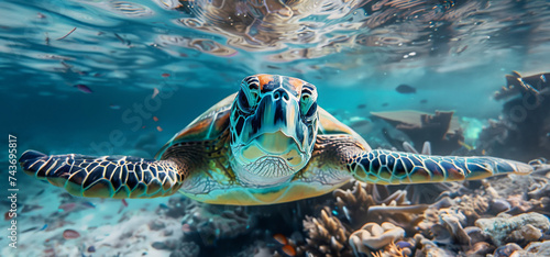 Vibrant sea turtle swimming over coral reef in clear blue ocean water. © GreenMOM