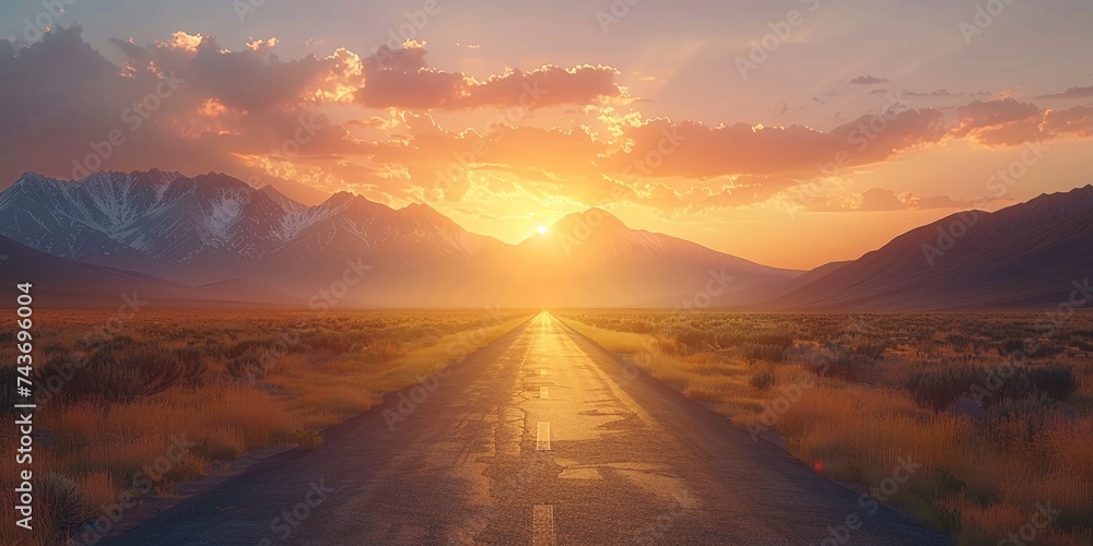 Sunset road trip through serene desert landscape offers a sense of adventure