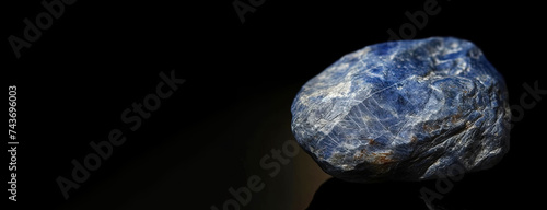 Dumortierite is a rare precious natural stone on a black background. AI generated. Header banner mockup with space.