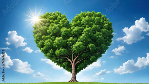 Heart shape green summer tree on a blue sky background.Four seasons  Love symbol  concept for design.Generative AI