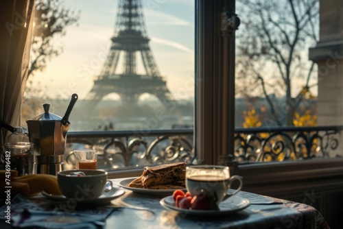 French Breakfast with a View: Eiffel Tower and Paris Cityscape from Table © AIGen