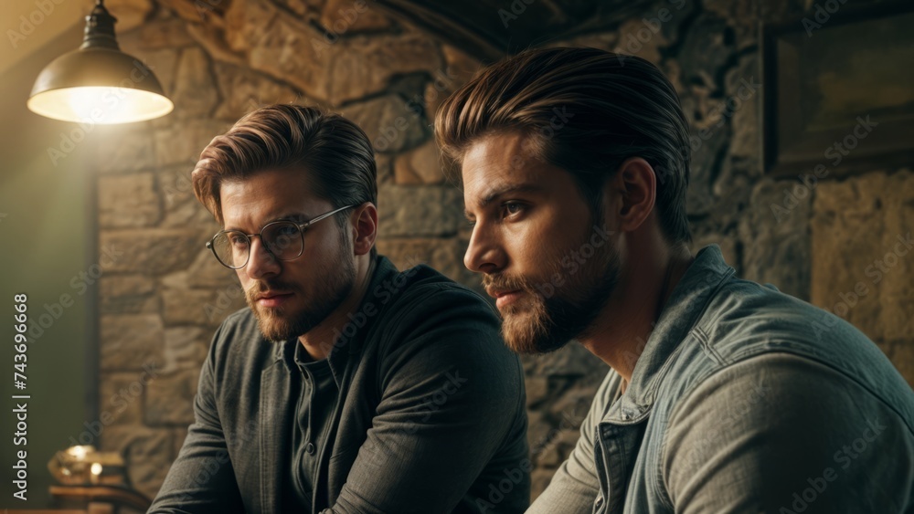 Two men sitting next to each other. Both of them have beards. They are wearing glasses and looking to the right. The man on the left is wearing a black shirt.