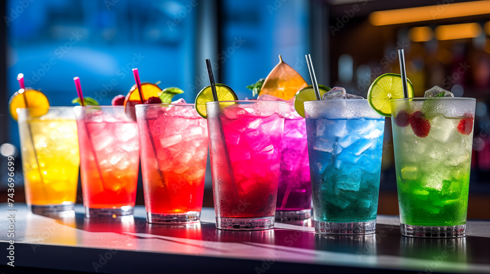Set of different delicious cocktails and mocktails on a blurred background
