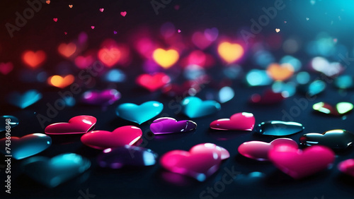Abstract Background. Hearts with bokeh. Bright frn for postcards, other designs. Ai generation.
