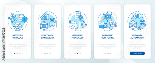 Practices for managing networks blue onboarding mobile app screen. Walkthrough 5 steps editable graphic instructions with linear concepts. UI, UX, GUI template. Myriad Pro-Bold, Regular fonts used