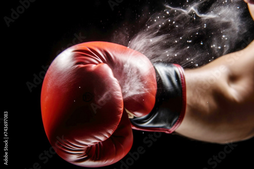 A hand in a boxing glove throws a punch, dark background isolate.