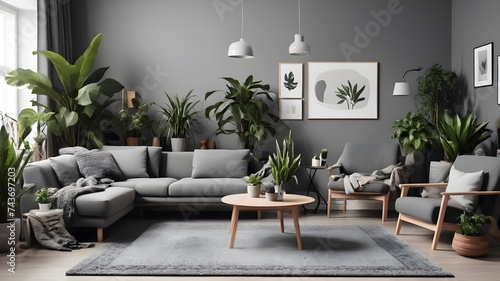 Modern interior design, in a spacious room, next to a table with flowers against a gray wall. Bright, spacious room with a comfortable sofa, plants and elegant accessories.