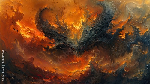 Scary demon and a satan in an angry scene, in the style of otherworldly landscapes, dark orange, red and light gold, 32k uhd, mind-bending murals, apocalypse landscape, fractals