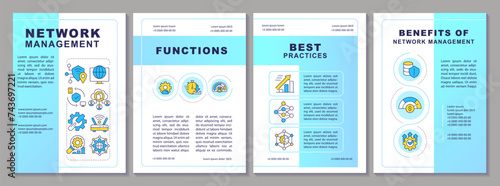 Network infrastructure management blue brochure template. Leaflet design with linear icons. Editable 4 vector layouts for presentation, annual reports. Arial-Black, Myriad Pro-Regular fonts used
