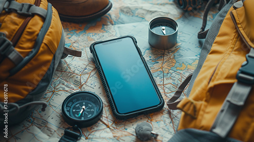 Adventure gear, complete with a map and camera, is strategically placed on the rocky terrain, beckoning for outdoor escapades.