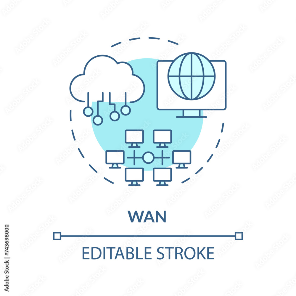 Wan connection type soft blue concept icon. Business network digital infrastructure. System servers management. Round shape line illustration. Abstract idea. Graphic design. Easy to use