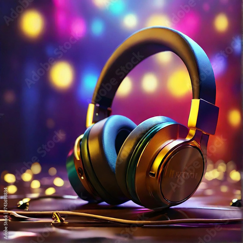 A pair of headphones with a colorful background, generative AI.