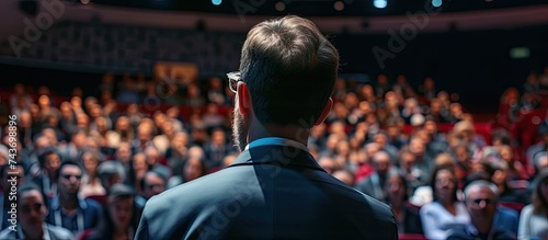 A male host stands confidently in front of a diverse crowd of people during a conference. He is engaging and commanding attention as he speaks to the audience.