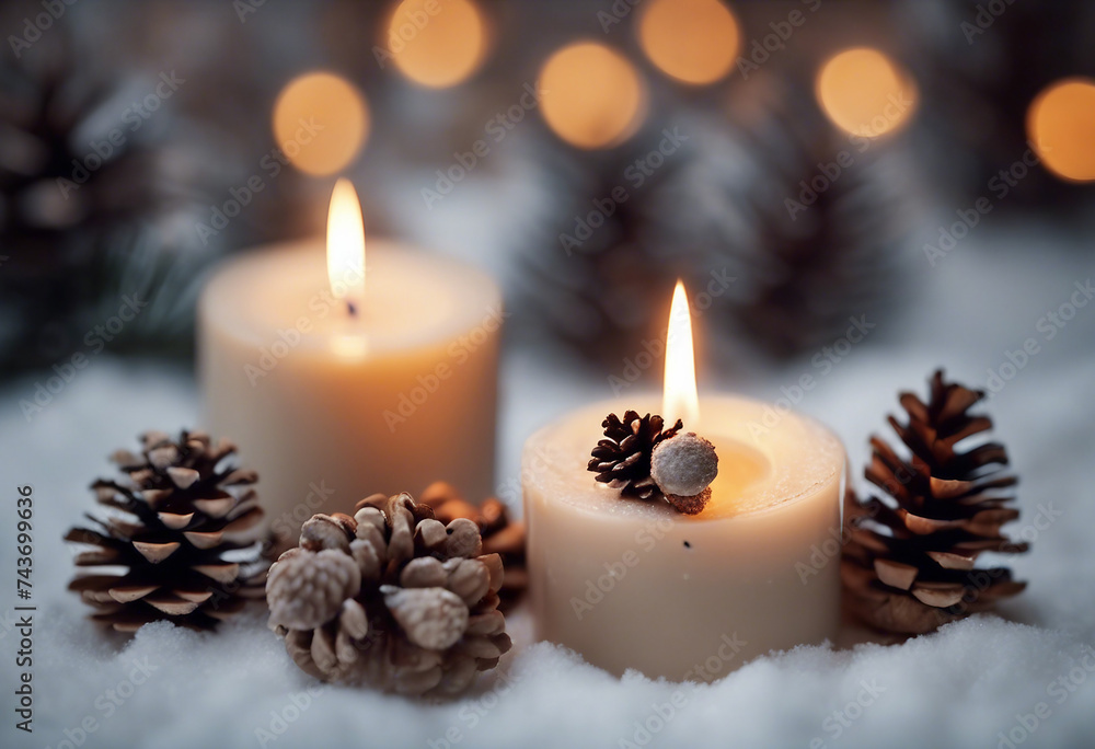 Beige snow Christmas composition Burning candle and fir cones Beige snow Christmas composition Burning candle and fir cones