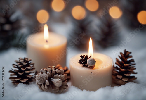 Beige snow Christmas composition Burning candle and fir cones