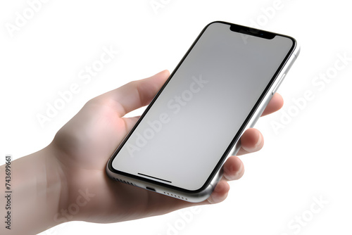 Smart phone with white screen in hand isolated on a white background.