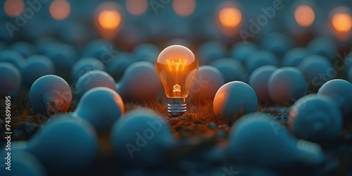 Illuminated bulb among many, concept of innovation, inspiration in darkness