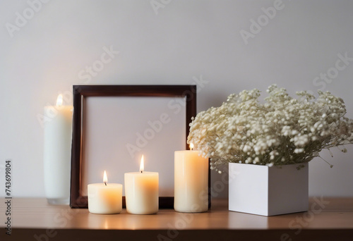 Candles gypsophila flowers and photo frame on table wall background Front view mockup