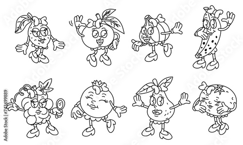 A set of retro groovy fruit characters. Retro fruit girls with emotions, in different poses. A modern illustration with cute comic book characters. Hand-drawn doodles of comic book characters. Contour
