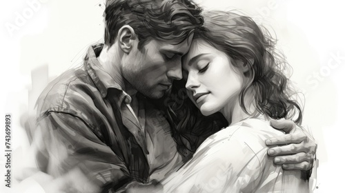 book novel cover, hand sketch in black and white of man and woman hugging photo