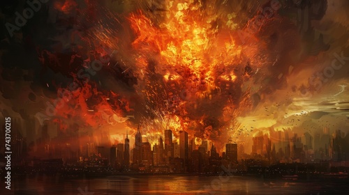 dramatic image capturing a catastrophic explosion in a city  with the fiery blast illuminating the skyline and casting an eerie glow on the towering buildings