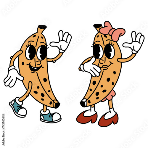 Retro pair of Groovy banana fruits. Emotional stickers with funny comic book characters, gloved hands, a boy and a girl. Bananas with emotions on their face. Cool fruits. Funny y2k, 70s, 60s, retro