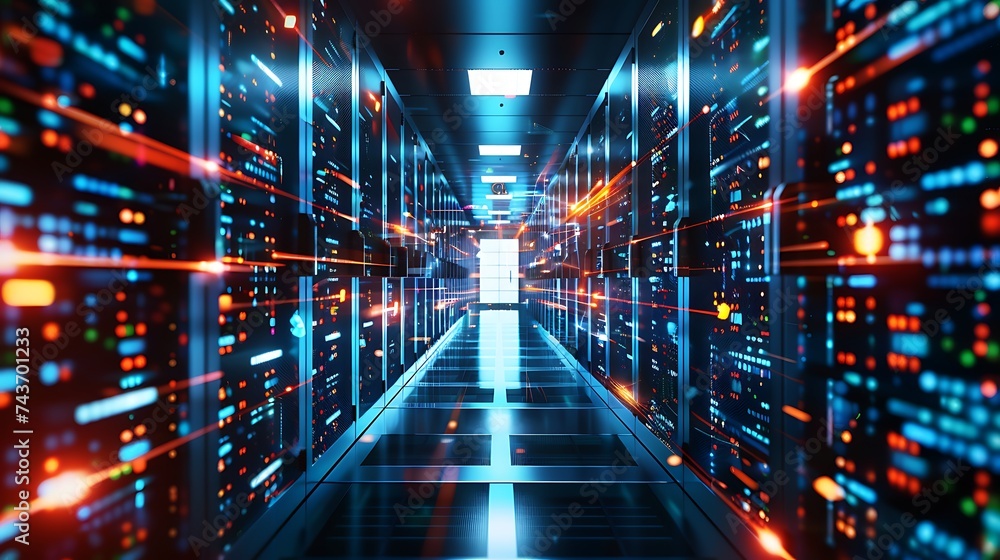 Modern Data Technology Center Server Racks in Dark Room with VFX. Visualization Concept of Internet of Things, Data Flow, Digitalization of Internet Traffic. Complex Electric Equipment Warehouse. Gene