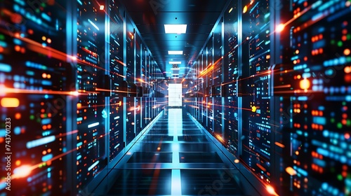Modern Data Technology Center Server Racks in Dark Room with VFX. Visualization Concept of Internet of Things, Data Flow, Digitalization of Internet Traffic. Complex Electric Equipment Warehouse. Gene
