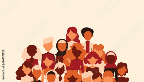 Women of different races and age standing together. Profile silhouettes of female characters with various skin colors and hair styles. Minimal flat style illustration. Feminism movement concept
