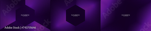 3D purple techno abstract background overlap layer on dark space. Modern banners set with glowing hexagons decoration. Graphic design element lines style concept for web, flyer, card cover or brochure