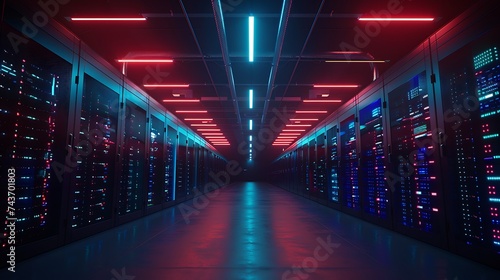 Modern Data Technology Center Server Racks in Dark Room with VFX. Visualization Concept of Internet of Things, Data Flow, Digitalization of Internet Traffic. Complex Electric Equipment Warehouse. Gene photo