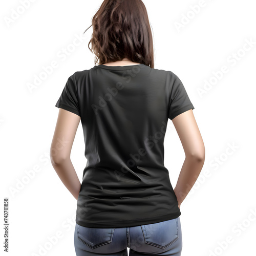 Women's blank black t shirt back side isolated on white background