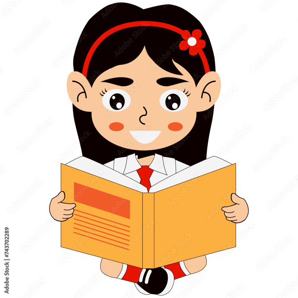 Elementary school girl sitting cross-legged smiling reading a book