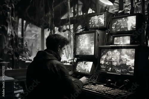 A man watches the monitor screens of a video surveillance system in a secret base in the forest, a dark atmosphere