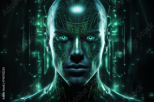 portrait of a man with a holographic texture on his head  dark background with glow  cyber art  digital future concept