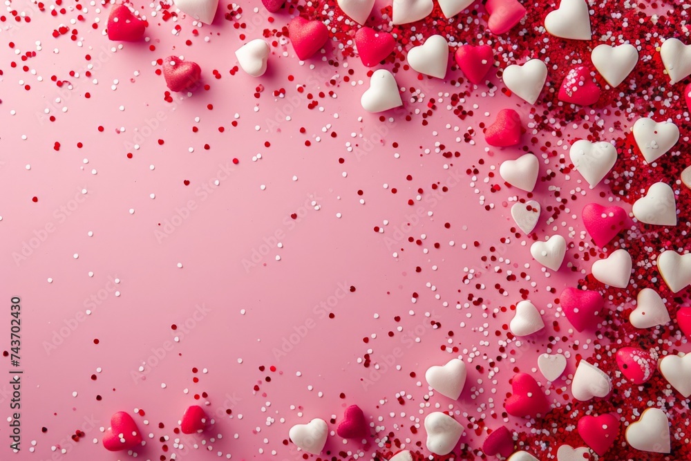 Romantic Valentine's Day Background with Hearts, Confetti, and Copy Space on Pink Background Romantic Valentine's Day Background with Hearts, Confetti, and Copy Space on Pink Background