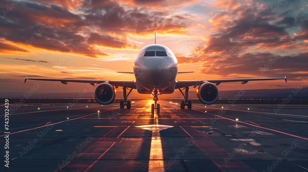 An airplane is poised on the runway against a dramatic sunset sky, symbolizing the anticipation of travel and adventure. - obrazy, fototapety, plakaty 