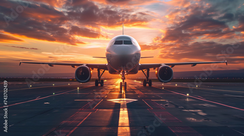 An airplane is poised on the runway against a dramatic sunset sky, symbolizing the anticipation of travel and adventure. photo