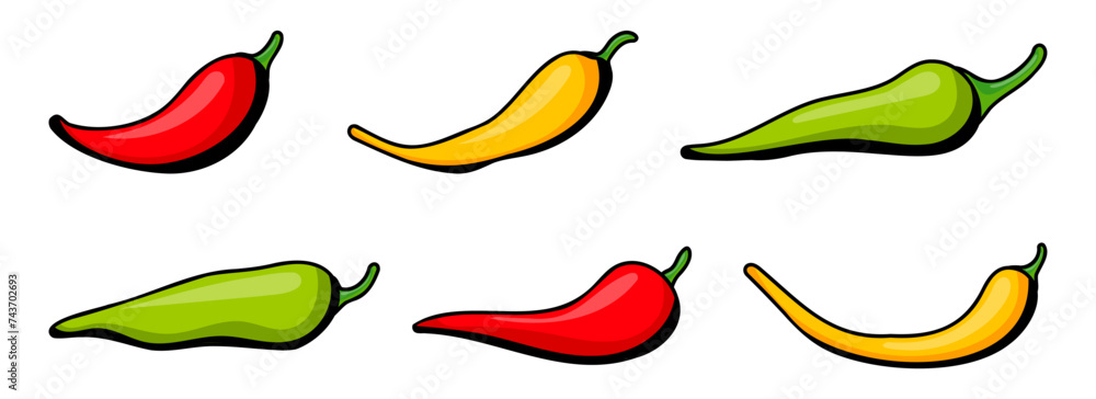 Pepper icons in a flat design. Set of cartoon pepper icons. Chili hot pepper icons Pepper icons in a flat design. Set of cartoon pepper icons. Chili hot pepper icons