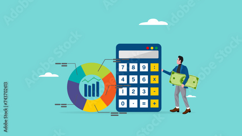 fund allocation graph, cost structure calculation of expenses and income in business, budget analysis office operational costs, businessman carrying banknotes next to calculator and funding pie chart