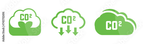 Green cloud co2 icons reduction collection. CO2 emission, reduction, neutrality symbols. Net zero emissions