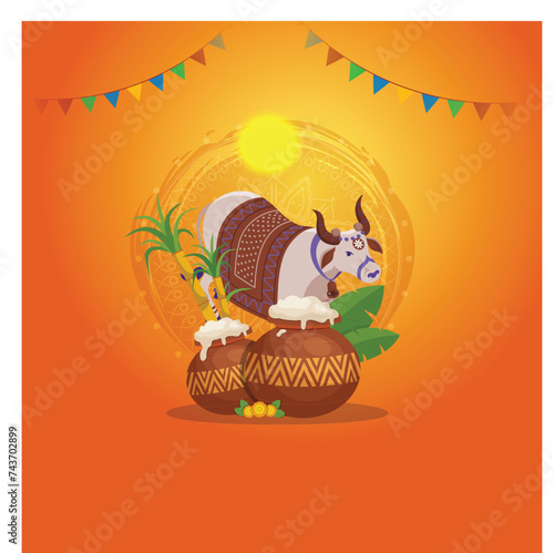 Illustration of Happy Pongal Holiday Harvest Festival of Tamil Nadu South India greeting background.