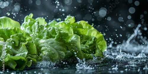 Freshness of lettuce being washed with splashing water droplets
