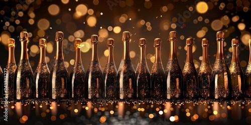 Golden champagne bottles lined up with sparkling bokeh, celebration elegance