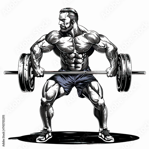 Muscle man bodybuilder holding a large barbell with big weights