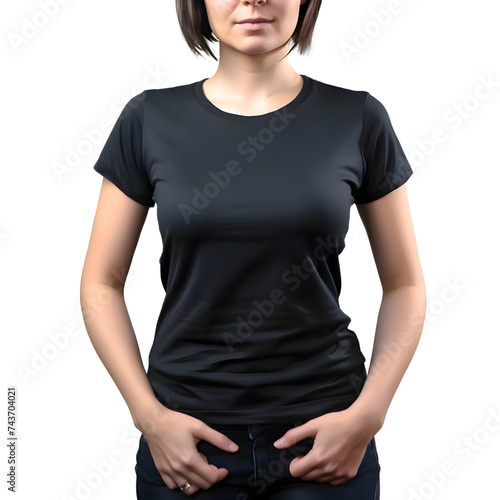 Woman wearing blank black t shirt isolated on white background with clipping path